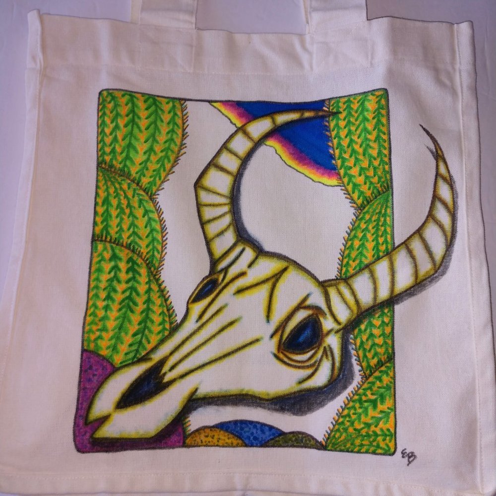 Hand-Painted Cow Skull Tote Bag: Desert Cactus Scene 14x13x7 - Picture 10 of 16
